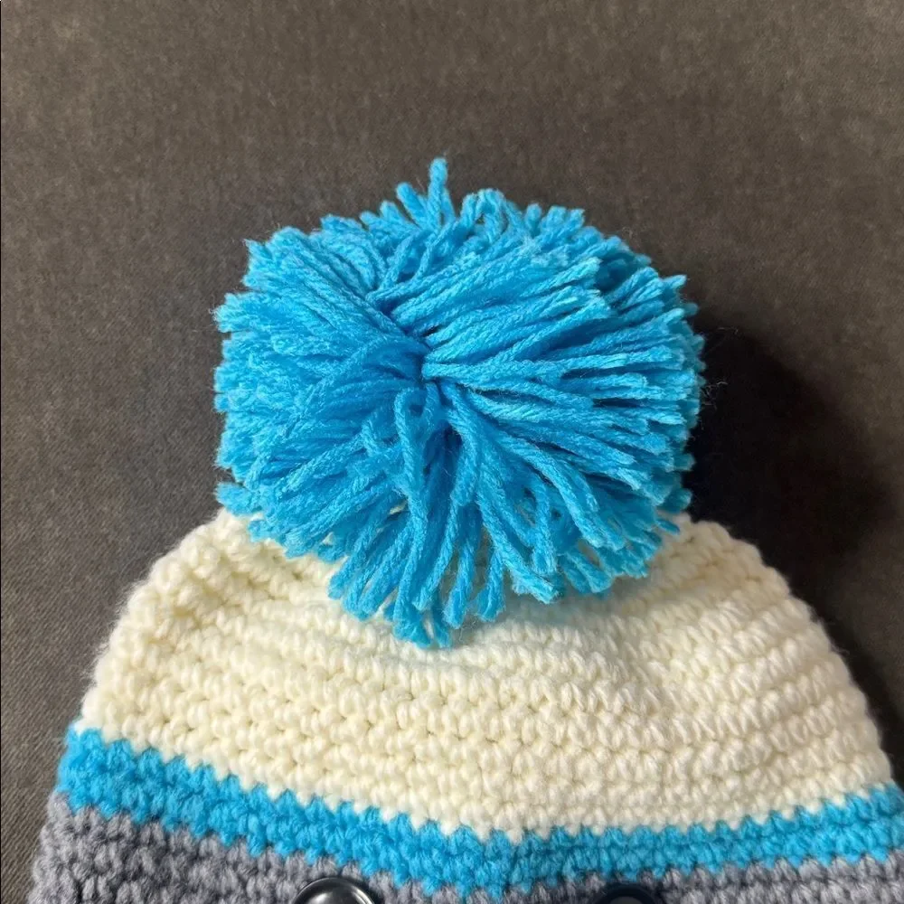 Daisy Baby Toddler Sock Monkey Beanie Hat Gray with Blue Pom 12-24 months NEW